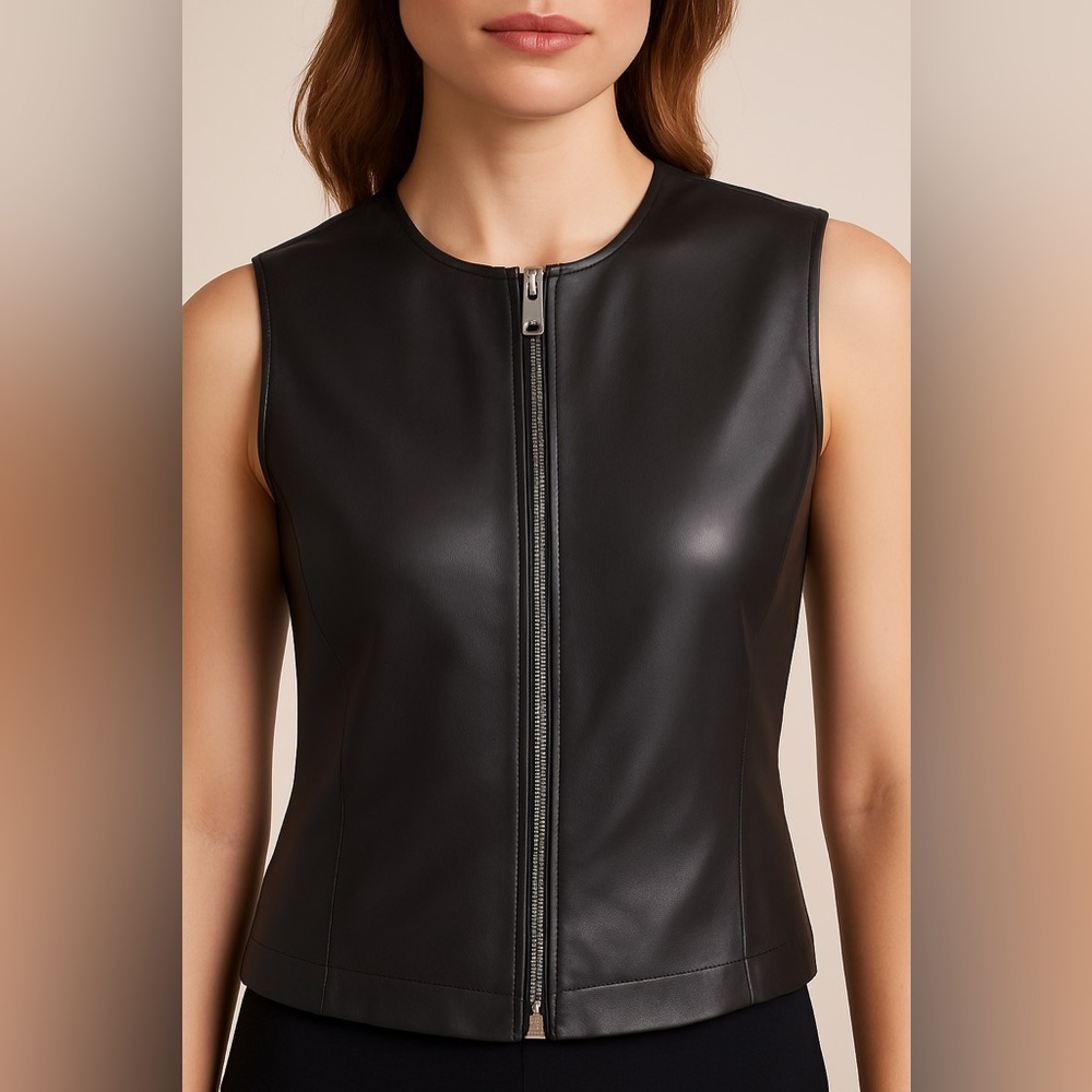 Valerie Separate Petites Leather Front Merino Wool Knit Back Vest Black SP